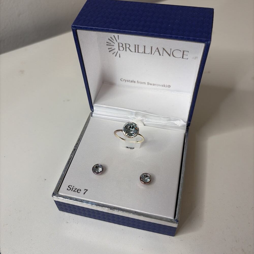 Brilliance Crystals by Swarovski Silver Tone Lite Blue Ring & Earrings Size 7